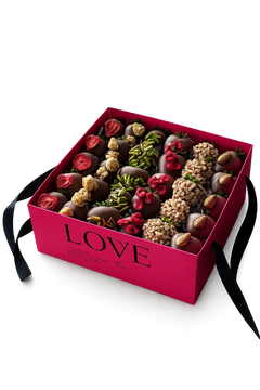 Edition of Love Schokoerdbeeren-Geschenkbox mit geöffnetem Deckel von FloraSweets