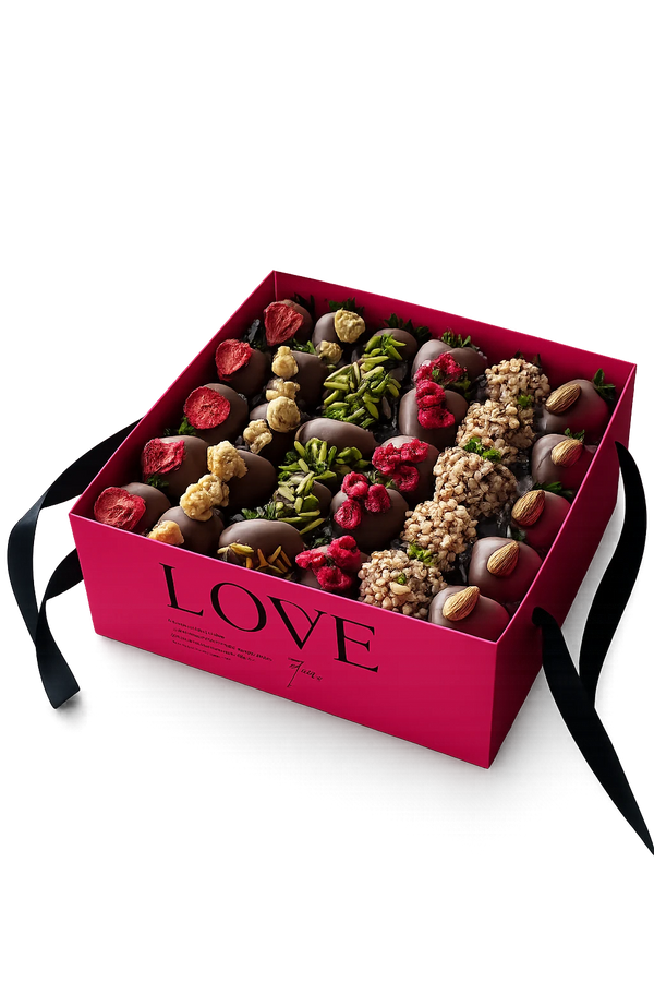 Edition of Love Schokoerdbeeren-Geschenkbox mit geöffnetem Deckel von FloraSweets