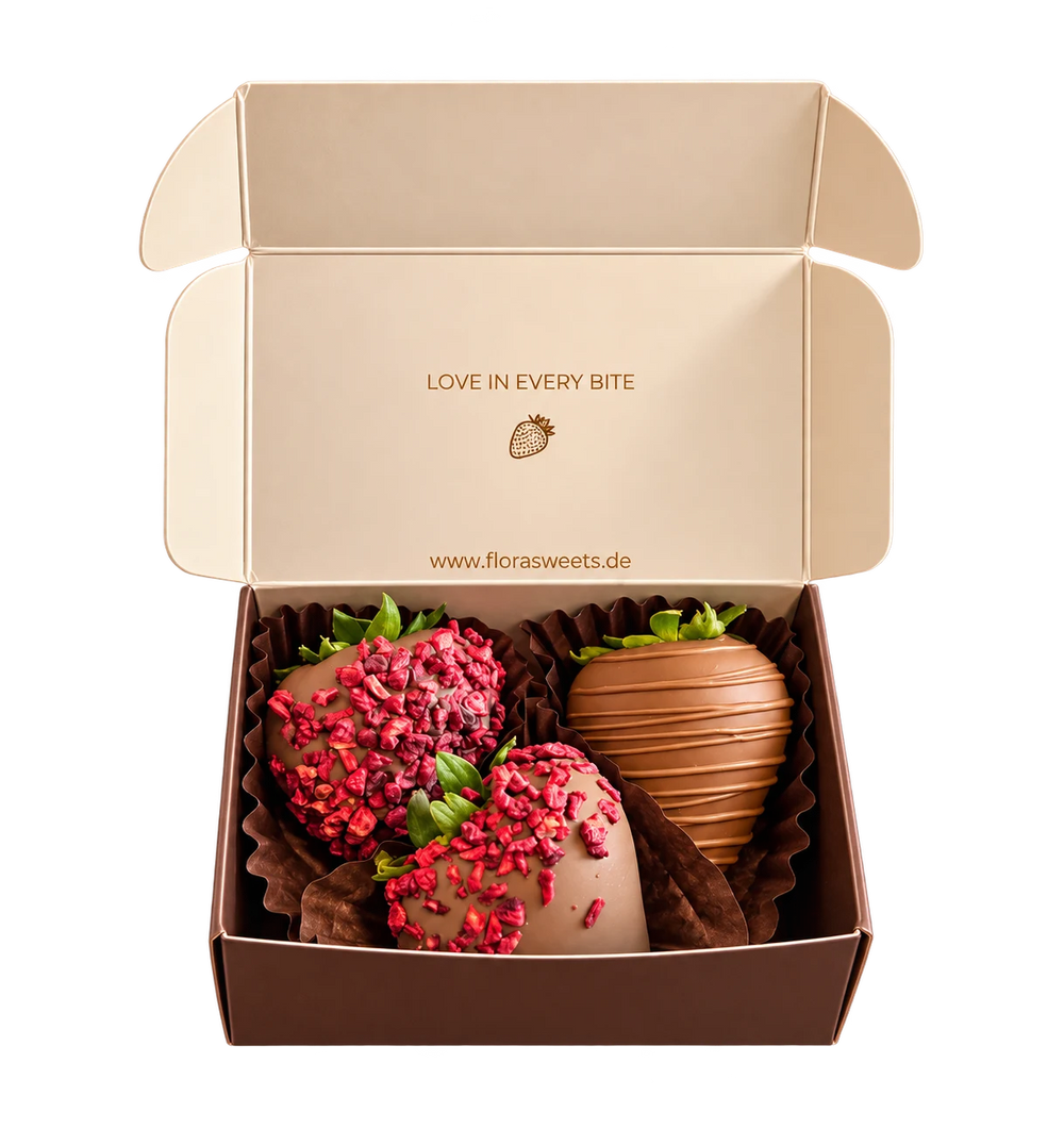 Flora Love Box mit 3 handgemachten Schoko-Erdbeeren