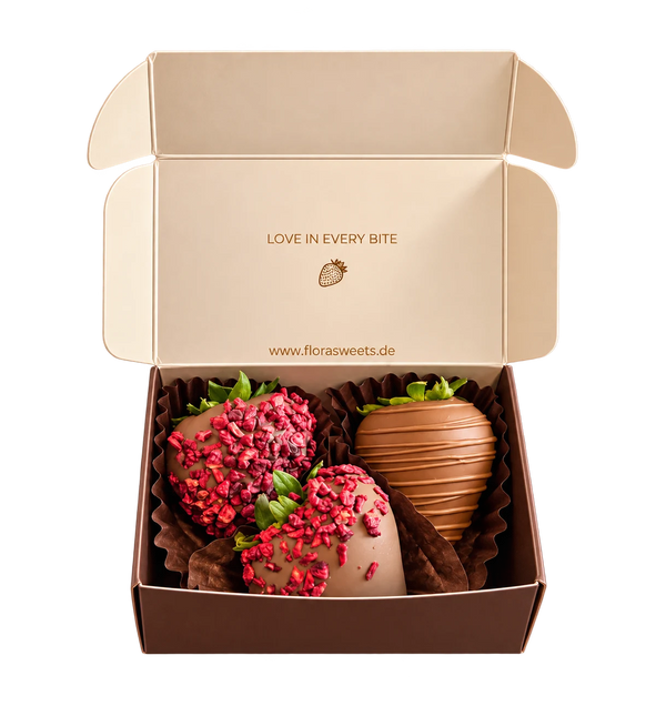 Flora Love Box mit 3 handgemachten Schoko-Erdbeeren